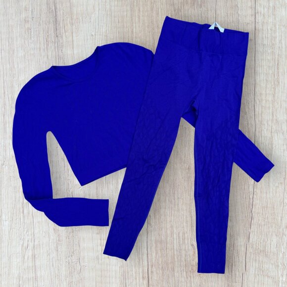 Fabletics Seamless Ribbed 2-PC Long Sleeve Crop Top & Leggings Set Blue Size M - Picture 1 of 5